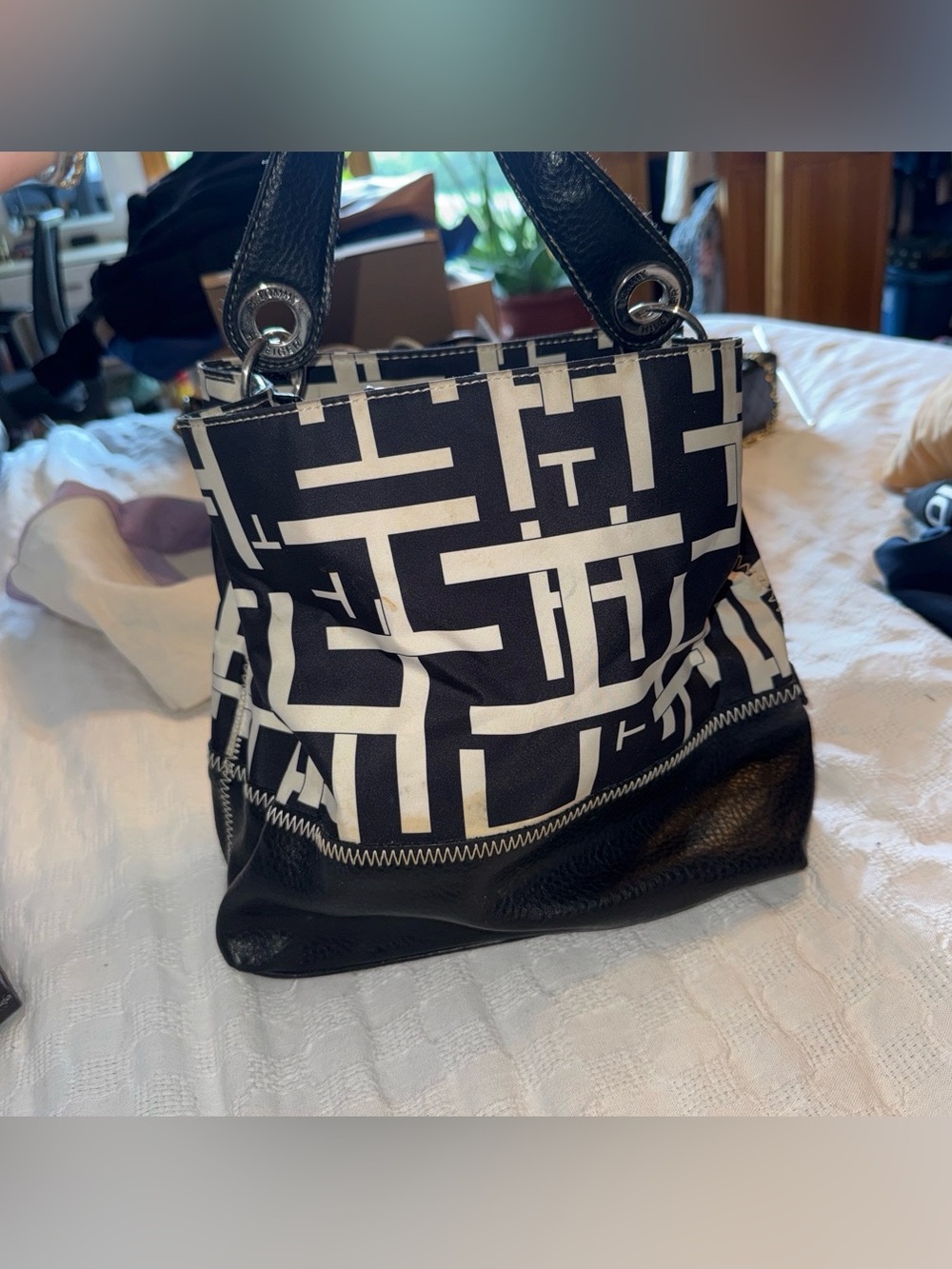 Vintage Tommy Hilfiger Black & White Geometric Tote Bag purse with Leather Trim